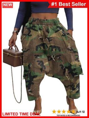 Womens Baggy Harem Jeans Elastic High Waist Wide Leg Cropped Denim Jogger Pants